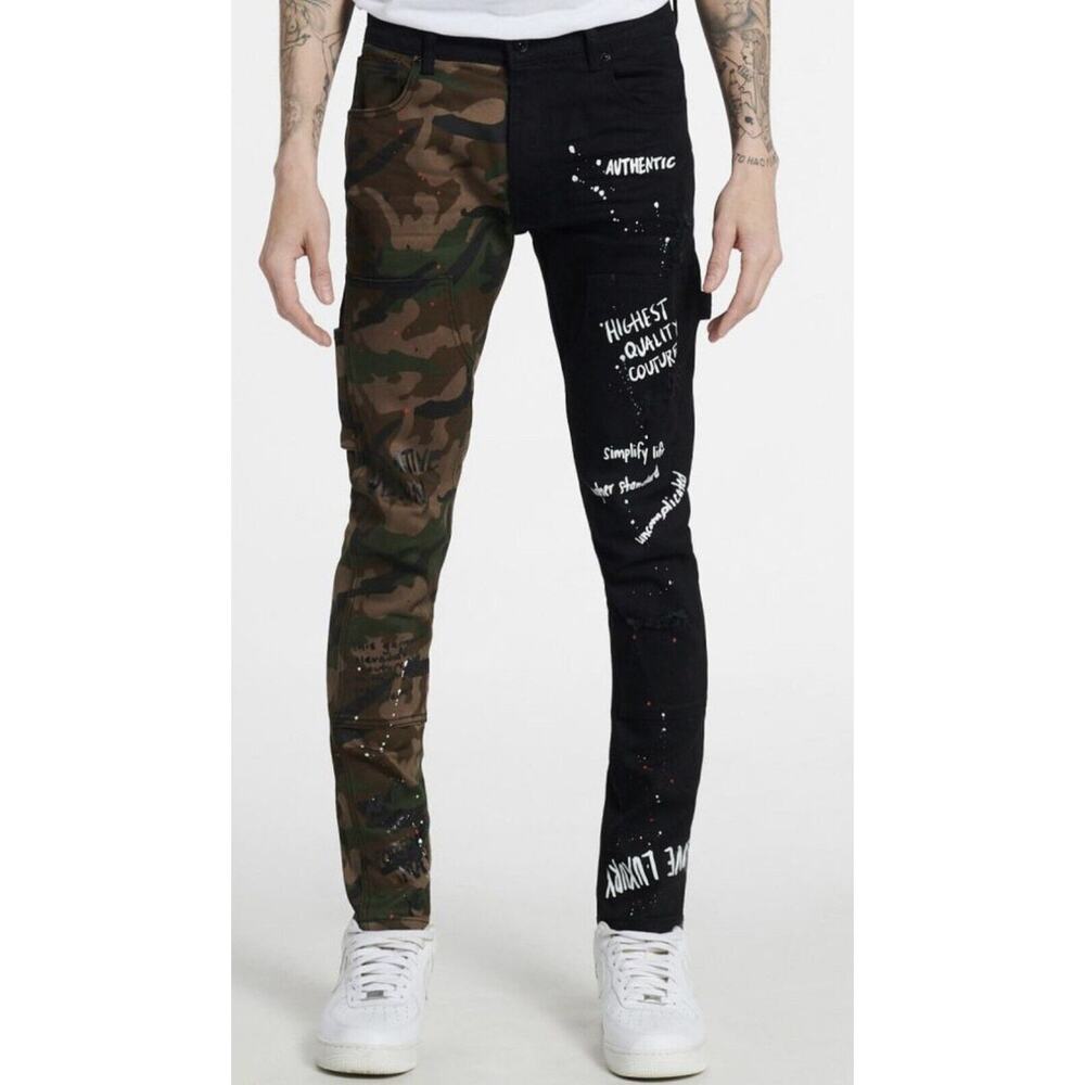 Decibel Men's Jeans 40x32 Half Camouflage Half Black Denim Jeans (READ)